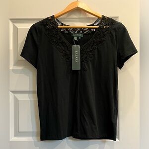 Lauren by Ralph Lauren Vintage Lace Trim V Neck T Shirt, Black, M, NEW WT